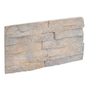 Pieza rectangular de piedra caliza con efecto apilado, textura rugosa, colores grises y beige, acabado natural.