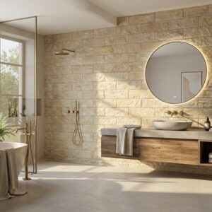 Baño con estilo rústico, revestimiento de piedra en la pared, suelo de hormigón, ventana grande, bañera, lavabo con espejo redondo, plantas.