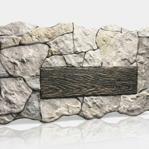Mueble de piedra con efecto rugoso y una placa central con efecto madera, de color gris claro y oscuro respectivamente. La piedra tiene una textura irregular y la placa de madera una veta marcada.
