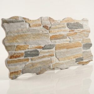 Pieza de revestimiento de piedra con forma irregular, textura rugosa, colores grises, beige y marrón claro, acabado natural.