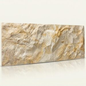 Pieza rectangular de piedra beige con textura rugosa y vetas amarillentas, acabado natural.