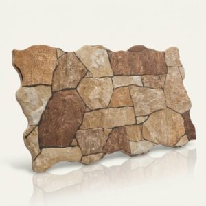 Pieza de revestimiento de piedra marrón con forma irregular, texturas variadas y colores marrones y beige.