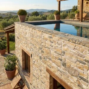 Revestimiento pared exterior imitación piedra Jaca Beige en fachada de casa con piscina.