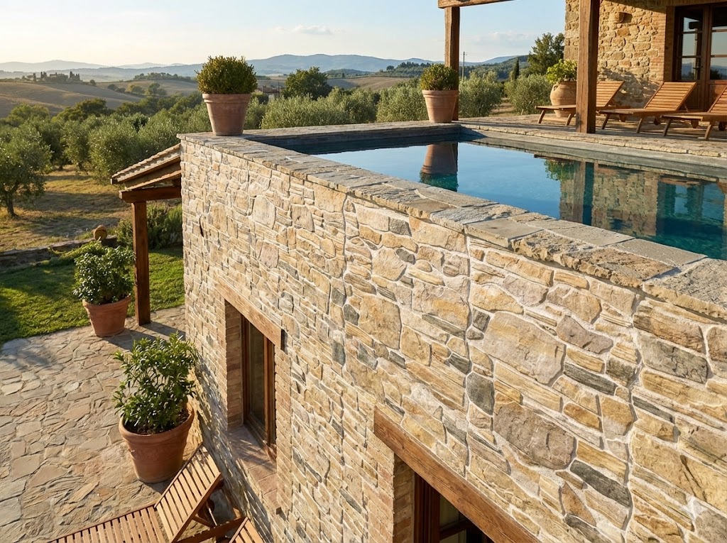 Revestimiento pared exterior imitación piedra Jaca Beige en fachada de casa con piscina.