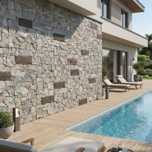 Un espacio exterior con una piscina rectangular de agua azul clara rodeada de un deck de madera clara. La piscina está situada junto a una casa con una pared de piedra gris y madera. Hay varias tumbonas de madera con cojines blancos y potted plantas cerca de la piscina.