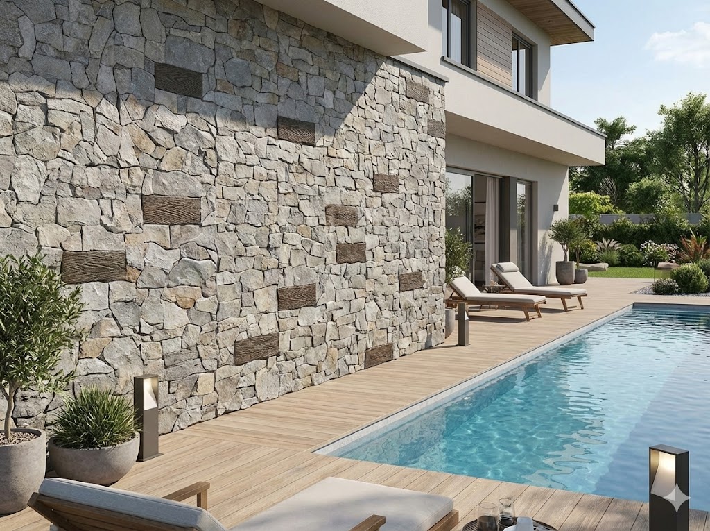 Un espacio exterior con una piscina rectangular de agua azul clara rodeada de un deck de madera clara. La piscina está situada junto a una casa con una pared de piedra gris y madera. Hay varias tumbonas de madera con cojines blancos y potted plantas cerca de la piscina.