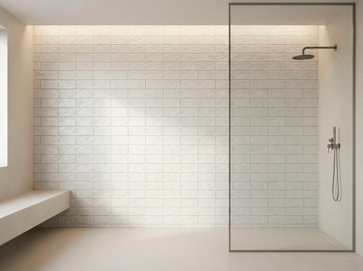 Espacio interior de baño minimalista con estilo moderno, revestimiento de pared con ladrillos blancos y suelo de color blanco, con mampara de ducha de vidrio y accesorios de metal, iluminación empotrada.