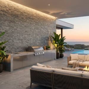 un espacio exterior con suelo de piedra gris, pared de piedra gris, muebles de exterior, una barbacoa y una piscina con vistas al mar, estilo moderno, material piedra gris