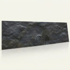 Mármol negro con vetas blancas, textura rugosa, forma rectangular.