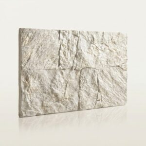 Azulejo rectangular gris con textura de piedra para revestimiento de pared exterior.