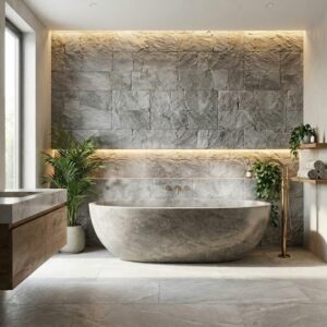 Baño moderno con revestimiento de pared interior de cerámica efecto piedra Cárpatos