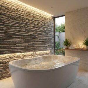 Baño moderno con bañera y revestimiento de pared interior efecto piedra gris. Grandes ventanales.