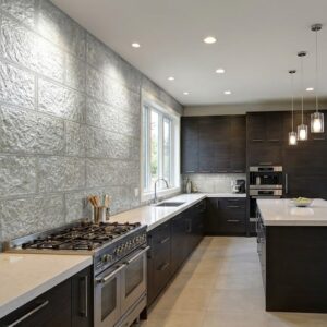 Cocina moderna con revestimiento de pared interior efecto piedra gris. Muebles oscuros y encimeras blancas.