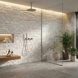 Baño interior con estilo moderno, revestimiento de piedra gris claro en paredes, suelo de piedra gris, mampara de ducha de vidrio, plantas y productos de cuidado personal sobre un banco de madera. Material de revestimiento de piedra.