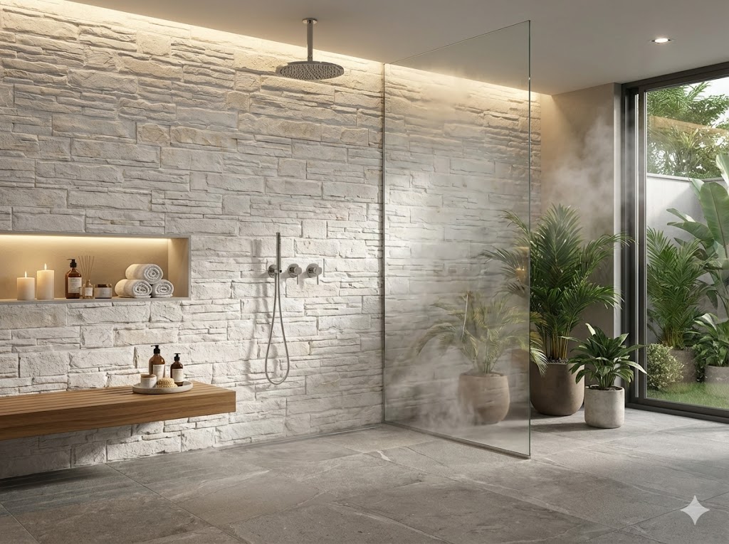 Baño interior con estilo moderno, revestimiento de piedra gris claro en paredes, suelo de piedra gris, mampara de ducha de vidrio, plantas y productos de cuidado personal sobre un banco de madera. Material de revestimiento de piedra.