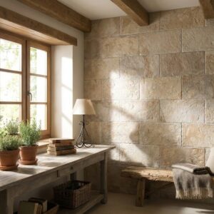 Pared de piedra beige fortaleza como revestimiento de pared interior en un salón rústico.