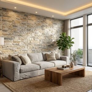 Sala de estar con estilo rústico, pared de piedra, sofá gris, mesa de madera y alfombra marrón, con plantas y lámpara de pie.