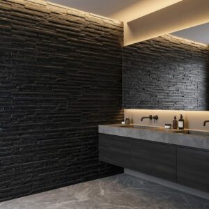 Baño con estilo moderno y revestimiento simil piedra negra en la pared, suelo de mármol gris y encimeras de piedra. El revestimiento de piedra negra agrega un toque elegante al espacio.