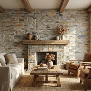 espacio interior con chimenea de piedra rústica y madera, decoración minimalista en tonos tierra