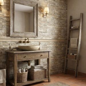 Baño rústico con revestimiento de pared interior efecto piedra corinto beige.