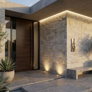 Revestimiento pared exterior de piedra natural Fuji Gris en la fachada de una casa moderna.