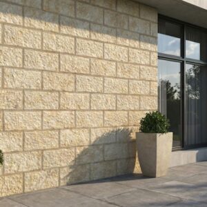 Revestimiento pared exterior efecto piedra Pirineos almond en fachada con ventana y plantas.