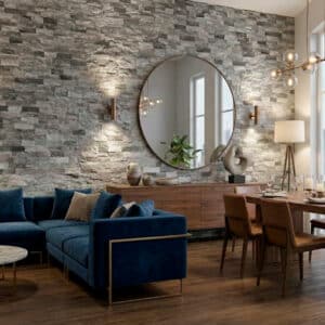 Espacio interior con sofá azul, mesa de comedor de madera y revestimiento de piedra gris en la pared, con ventanas y luces.