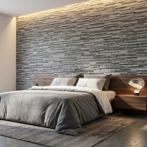 Pared de dormitorio con revestimiento de pared interior de imitación piedra Kopa gris. Diseño moderno.