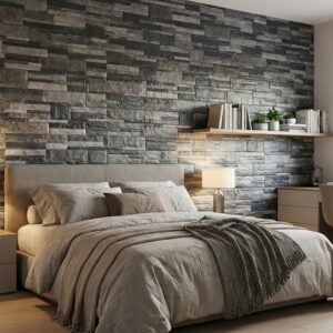 Dormitorio moderno con revestimiento de pared interior efecto piedra Saqqara grafito.