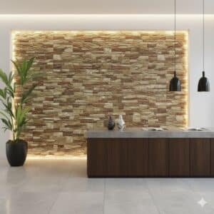 Revestimiento de pared interior efecto piedra ocre en una sala con mostrador de madera y planta.