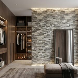 Espacio interior con revestimiento de piedra en la pared, suelo de baldosas y estanterías de madera. La piedra es de color gris claro y oscuro, con textura irregular. La habitación tiene una ventana, un espejo y un banco de cuero.