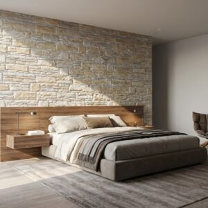 dormitorio tipo moderno con pared de piedra beige y marrón, cama con base de cuero gris y madera, suelo de madera clara y alfombra gris.