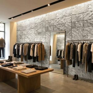 Revestimiento de pared interior efecto piedra gris Carpatos en una tienda de ropa.