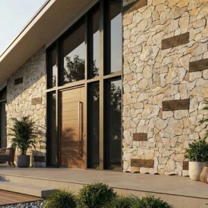 Fachada de casa moderna con revestimiento pared exterior de piedra masia marfil.