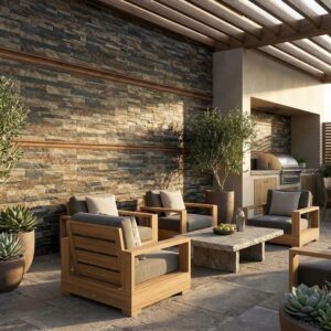 Patio exterior con revestimiento pared exterior de imitación piedra Olimpia pizarra. Muebles de madera y plantas.