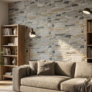 Sala de estar con estilo rústico, paredes revestidas con piedra natural de colores grises, beige y marrón, sofá de tela beige, estanterías de madera con libros y objetos decorativos.