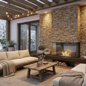 Sala de estar rústica con revestimiento de piedra, chimenea de leña y sofás beige