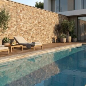 Revestimiento pared exterior efecto piedra Andorra Ocre en una terraza con piscina.
