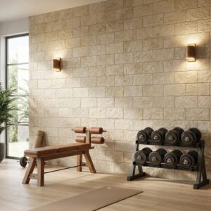 Revestimiento de pared interior Baikal Beige 2 en un gimnasio moderno.