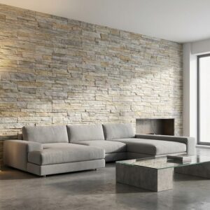 Salón moderno con revestimiento de pared interior imitación piedra Neptuno crema.