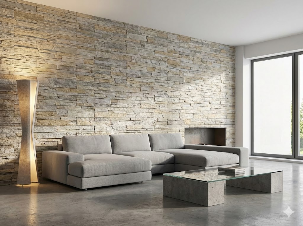 Salón moderno con revestimiento de pared interior imitación piedra Neptuno crema.