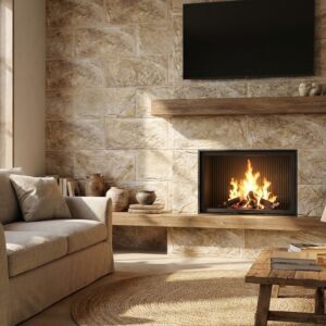 Sala de estar con estilo rústico, paredes de piedra, chimenea encendida, sofá beige y mesa de madera. La iluminación natural entra por la ventana.