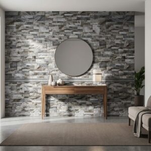 Sala de estar con estilo moderno, paredes de piedra, suelo de cemento pulido, alfombra beige y mobiliario minimalista.