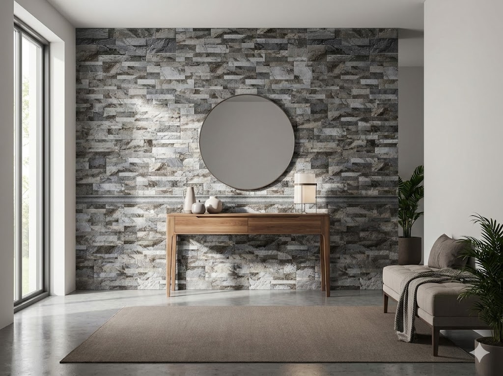 Sala de estar con estilo moderno, paredes de piedra, suelo de cemento pulido, alfombra beige y mobiliario minimalista.