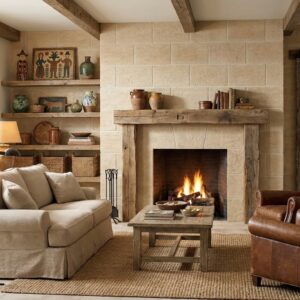 Sala de estar con chimenea y revestimiento de pared beige en piedra, estilo rústico, con sofá beige y sillón de cuero marrón. Revestimiento pared beige