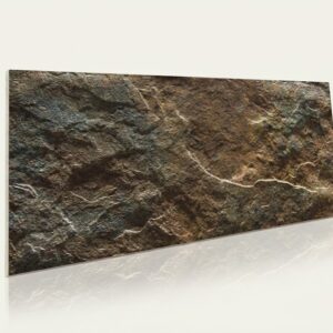 Pieza rectangular de piedra natural con textura rugosa, colores marrones y verdes, acabado mate.