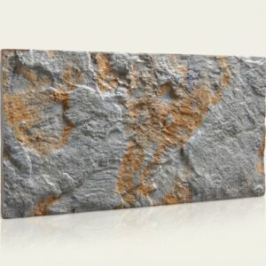 Azulejo rectangular gris con textura rugosa y tonos óxido para revestimiento pared