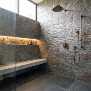 Ducha con revestimiento de pared interior efecto piedra gris y marrón. Incluye banco de má