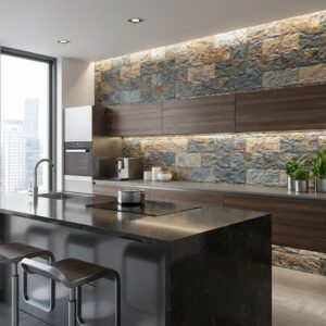 espacio interior con revestimiento de piedra en la pared estilo moderno colores grises y marrones encimeras de cocina de piedra y madera