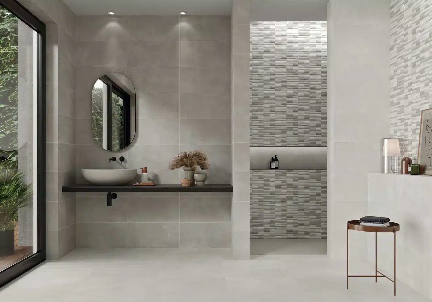 Baño moderno con revestimiento decorativo de imitación cemento con relieve, aportando elegancia y sofisticación.
